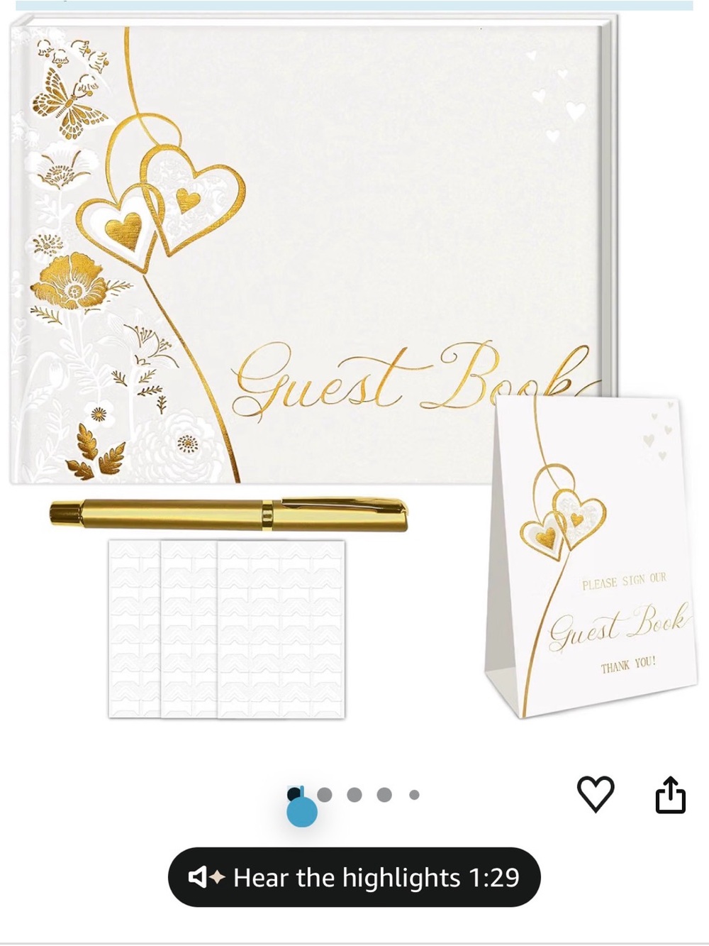 Elegant White and Gold Wedding Guest Book Set — Guest Book with Pen and Cards